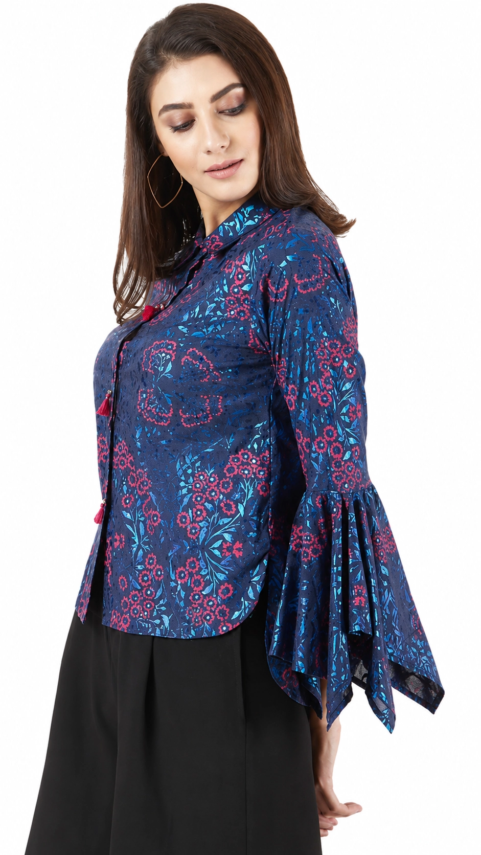 Casual Bell Sleeve Printed Women Blue Top