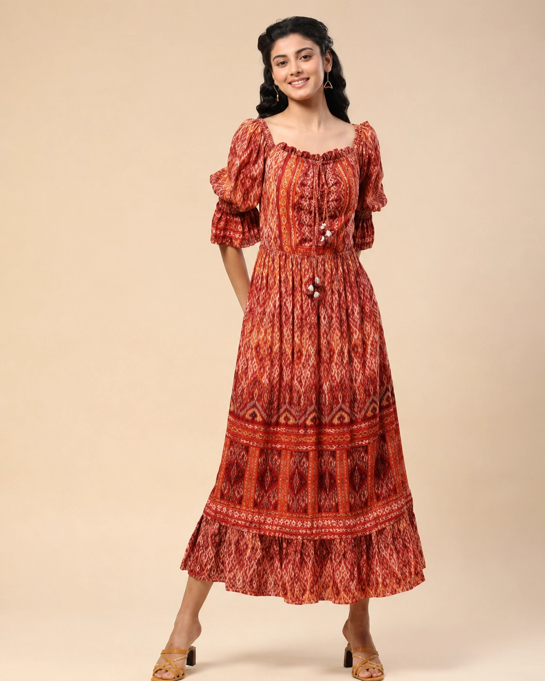 Rust Geometric Print Long Dress
