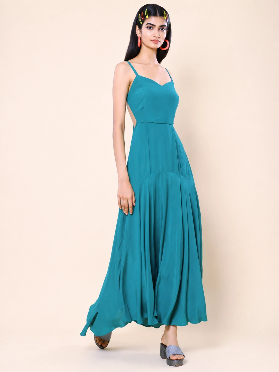 Teal Green Crepe Halter Maxi Dress
