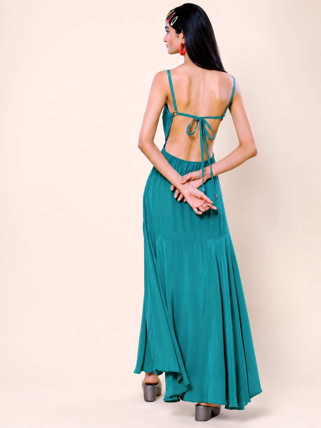 Teal Green Crepe Halter Maxi Dress 3