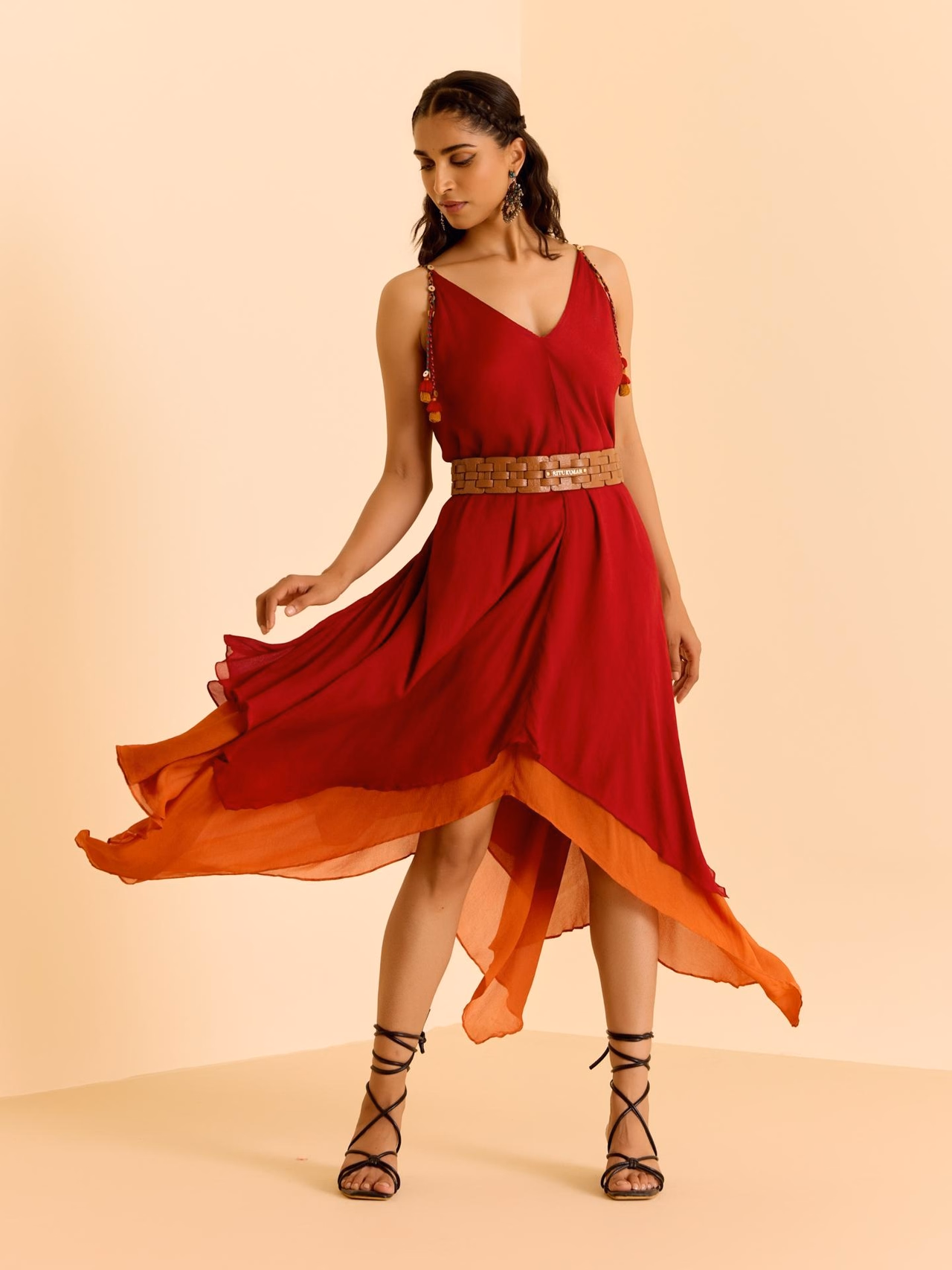 Red Cascade Solid Long Dress